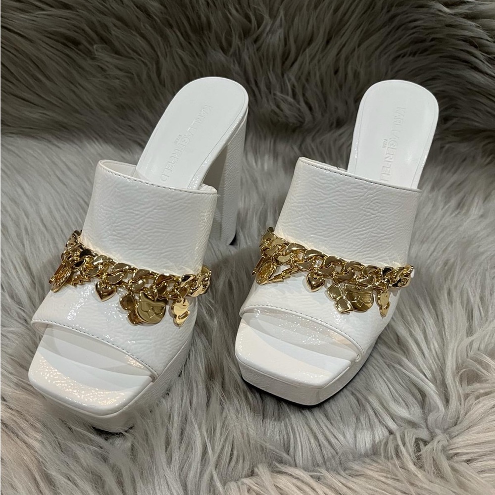 Karl Lagerfeld Leather Slip-On with Gold Charms - Haisley Patent - Heels